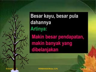 8 August 2011PERIBAHASA/Wulan, S.Pd11Besarkayu, besar pula dahannyaArtinya:Makin besarpendapatan, makinbanyak yang dibelanjakan