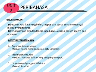 UNIT        PERIBAHASA
 8
PERUMPAMAAN
 ☻Susunan kata-kata yang indah, ringkas dan kemas serta mempunyai
 maksud yang tersirat.
 ☻Perumpamaan dimulai dengan kata bagai, laksana, ibarat, seperti dan
 umpama

 CONTOH PERUMPAMAAN

 1. Bagai aur dengan tebing
    Maksud: Tolong-menolong antara satu sama lain.

 2. Seperti ular kena palu
    Maksud: Jalan atau barisan yang bengkang-bengkok.

 3. Umpama air digenggam tidak tiris
    Maksud: Kedekut.
 