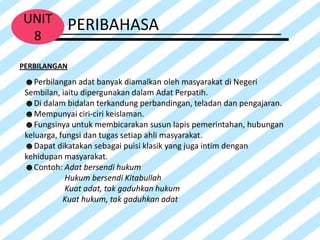 UNIT       PERIBAHASA
 8
PERBILANGAN
 ☻Perbilangan adat banyak diamalkan oleh masyarakat di Negeri
 Sembilan, iaitu dipergunakan dalam Adat Perpatih.
 ☻Di dalam bidalan terkandung perbandingan, teladan dan pengajaran.
 ☻Mempunyai ciri-ciri keislaman.
 ☻Fungsinya untuk membicarakan susun lapis pemerintahan, hubungan
 keluarga, fungsi dan tugas setiap ahli masyarakat.
 ☻Dapat dikatakan sebagai puisi klasik yang juga intim dengan
 kehidupan masyarakat.
 ☻Contoh: Adat bersendi hukum
             Hukum bersendi Kitabullah
             Kuat adat, tak gaduhkan hukum
            Kuat hukum, tak gaduhkan adat
 