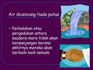 Air dicencang tiada putus


 Perbalahanatau
 pergaduhan antara
 saudara-mara tidak akan
 berpanjangan kerana
 akhirnya mereka akan
 berbaik-baik semula
 