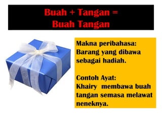 Buah + Tangan =
 Buah Tangan
      Makna peribahasa:
      Barang yang dibawa
      sebagai hadiah.

      Contoh Ayat:
      Khairy membawa buah
      tangan semasa melawat
      neneknya.
 