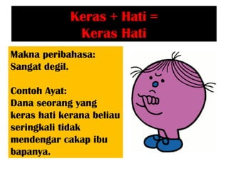 Keras + Hati =
              Keras Hati
Makna peribahasa:
 .
Sangat degil.

Contoh Ayat:
Dana seorang yang
keras hati kerana beliau
seringkali tidak
mendengar cakap ibu
bapanya.
 