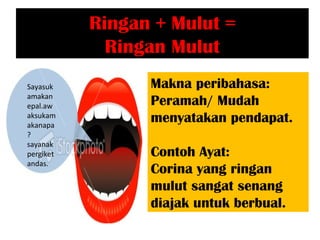 Ringan + Mulut =
             Ringan Mulut
Sayasuk          Makna peribahasa:
amakan
epal.aw          Peramah/ Mudah
aksukam
akanapa
                 menyatakan pendapat.
?
sayanak
pergiket         Contoh Ayat:
andas.
                 Corina yang ringan
                 mulut sangat senang
                 diajak untuk berbual.
 