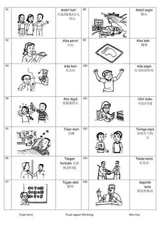 [Type here] Pusat Jagaan MH,Klang Miss Foo
91 Ambil hati
介意/取悦/讨人
欢心
98 Ambil angin
散心
92 Alas perut
点心
99 Alas kaki
脚垫
93 Ada hati
有志向
100 Ada angin
行为时好时坏
94 Abu dajal
爱捣蛋的人
101 Ulat buku
书虫/书迷
95 Tidur mati
沉睡
102 Telinga nipis
容易生气的
人
96 Tangan
terbuka 乐意
地 (欢迎)
103 Tanda mata
纪念品
97 Tajam akal
聪明
104 Sepatah
kata
简短的致词
 