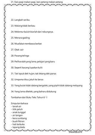 SHAN/GB/2016
21. Kais pagi makan pagi, kais petang makan petang
22. Langkah seribu
23. Malangtidak berbau
24. Melentur buluh biarlah dari rebungnya.
25. Menara gading
26. Muafakat membawa berkat
27. Otak cair
28. Pasangtelinga
29. Peliharalahyang lama, pelajari yangbaru
30. Seperti kacang lupakan kulit
31. Tak lapuk dek hujan, tak lekang dek panas
32. Umpama tikus jatuh ke beras
33. Yang bulat tidak datang bergolek, yang pipih tidak datang melayang
34. Yang lama dikelek, yang baharu didukung
Tambahan dari Buku Teks Tahun 6 👇
Simpulan bahasa
- tanah air
- titik peluh
- anak tunggal
- air tangan
- kera sumbang
- buah fikiran
- hati terbuka
- lapangdada
- ayam tambatan
 