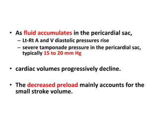 As  fluid accumulates  in the pericardial sac,  Lt-Rt A and V diastolic pressures rise  severe tamponade pressure in the pericardial sac, typically  15 to 20 mm Hg cardiac volumes progressively decline.  The  decreased preload  mainly accounts for the small stroke volume. 