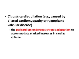 Chronic  cardiac dilation (e.g., caused by dilated cardiomyopathy or regurgitant valvular disease) the  pericardium undergoes chronic adaptation  to accommodate marked increases in cardiac volume. 