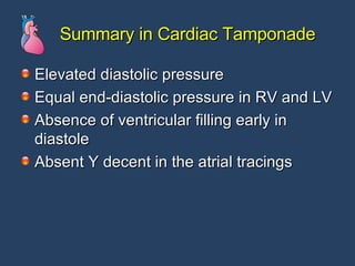 Summary in Cardiac Tamponade Elevated diastolic pressure Equal end-diastolic pressure in RV and LV Absence of ventricular filling early in  diastole Absent Y decent in the atrial tracings  