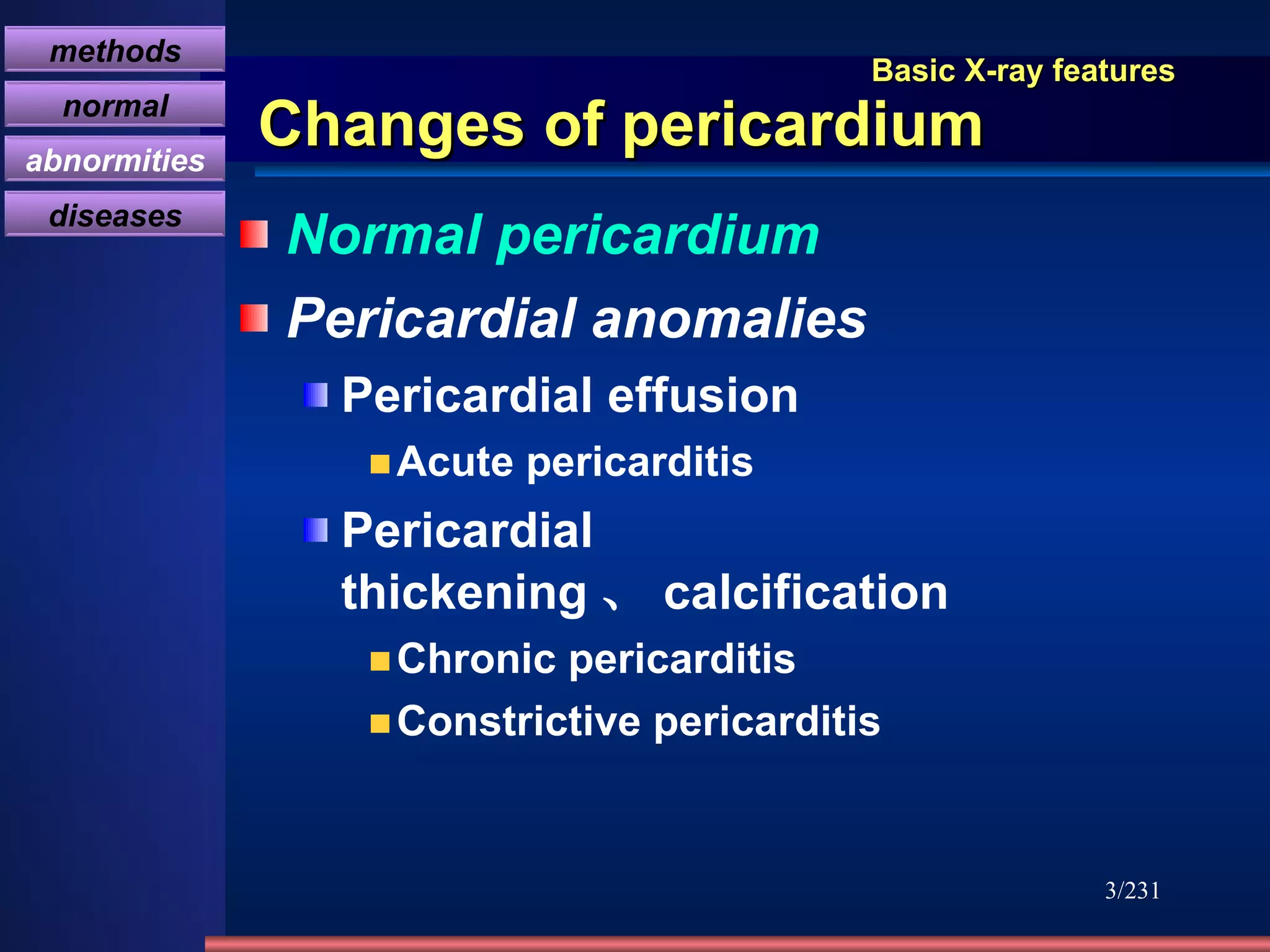 Basic X-ray features Changes of pericardium Normal pericardium Pericardial anomalies Pericardial effusion Acute pericarditis Pericardial thickening 、 calcification Chronic pericarditis Constrictive pericarditis /231 methods normal abnormities diseases 