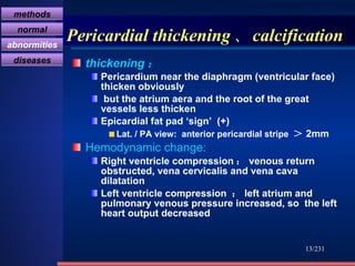 Pericardial thickening 、 calcification thickening ： Pericardium near the diaphragm (ventricular face) thicken obviously but the atrium aera and the root of the great vessels less thicken Epicardial fat pad ‘sign’  (+) Lat. / PA view:  anterior pericardial stripe  ＞ 2mm Hemodynamic change: Right ventricle compression ： venous return obstructed, vena cervicalis and vena cava dilatation Left ventricle compression  ： left atrium and pulmonary venous pressure increased, so  the left heart output decreased /231 methods normal abnormities diseases 