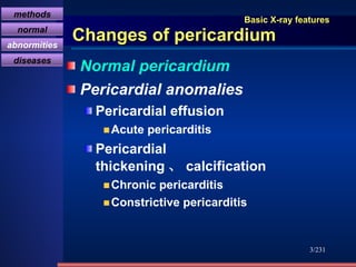 Basic X-ray features Changes of pericardium Normal pericardium Pericardial anomalies Pericardial effusion Acute pericarditis Pericardial thickening 、 calcification Chronic pericarditis Constrictive pericarditis /231 methods normal abnormities diseases 