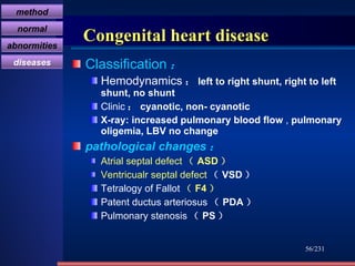 Congenital heart disease Classification ： Hemodynamics ： left to right shunt, right to left shunt, no shunt Clinic ： cyanotic, non- cyanotic X-ray: increased pulmonary blood flow  ,  pulmonary oligemia, LBV no change pathological changes ： Atrial septal defect （ ASD ） Ventricualr septal defect （ VSD ） Tetralogy of Fallot （ F4 ） Patent ductus arteriosus （ PDA ） Pulmonary stenosis （ PS ） /231 method normal abnormities diseases 