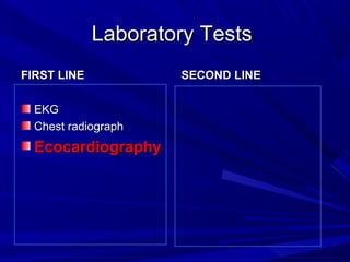 Laboratory TestsLaboratory Tests
FIRST LINEFIRST LINE
EKGEKG
Chest radiographChest radiograph
EcocardiographyEcocardiography
SECOND LINESECOND LINE
 