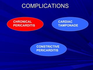 COMPLICATIONSCOMPLICATIONS
CHRONICAL
PERICARDITIS
CARDIAC
TAMPONADE
CONSTRICTIVE
PERICARDITIS
CHRONICAL
PERICARDITIS
 