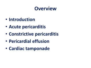 Overview
• Introduction
• Acute pericarditis
• Constrictive pericarditis
• Pericardial effusion
• Cardiac tamponade
 