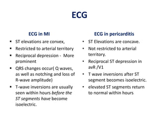 ECG
ECG in MI
 ST elevations are convex,
 Restricted to arterial territory
 Reciprocal depression - More
prominent
 QRS changes occur( Q waves,
as well as notching and loss of
R-wave amplitude)
 T-wave inversions are usually
seen within hours before the
ST segments have become
isoelectric.
ECG in pericarditis
• ST Elevations are concave.
• Not restricted to arterial
territory.
• Reciprocal ST depression in
avR /V1
• T wave inversions after ST
segment becomes isoelectric.
• elevated ST segments return
to normal within hours
 