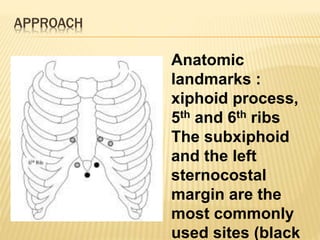 APPROACH
Anatomic
landmarks :
xiphoid process,
5th and 6th ribs
The subxiphoid
and the left
sternocostal
margin are the
most commonly
used sites (black
 