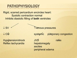 PATHOPHYSIOLOGY
Rigid, scarred pericardium encircles heart:
Systolic contraction normal
Inhibits diastolic filling of both ventricles
 SV venous pressures
 CO systemic pulmonary congestion
Hypotension/shock JVD rales
Reflex tachycardia hepatomegaly
ascites
peripheral edema
 