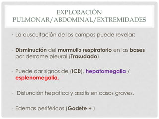 EXPLORACIÓN
PULMONAR/ABDOMINAL/EXTREMIDADES

• La auscultación de los campos puede revelar:

- Disminución del murmullo respiratorio en las bases
  por derrame pleural (Trasudado).

- Puede dar signos de (ICD), hepatomegalia /
  esplenomegalia.

- Disfunción hepática y ascitis en casos graves.

- Edemas periféricos (Godete + )
 