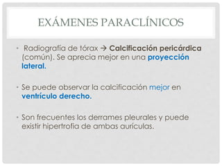 EXÁMENES PARACLÍNICOS

• Radiografía de tórax  Calcificación pericárdica
  (común). Se aprecia mejor en una proyección
  lateral.

• Se puede observar la calcificación mejor en
  ventrículo derecho.

• Son frecuentes los derrames pleurales y puede
  existir hipertrofia de ambas aurículas.
 
