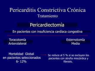 Pericarditis Constrictiva Crónica
                       Tratamiento

                   Pericardiectomía
      En pacientes con insuficiencia cardíaca congestiva

   Toracotomía                                Esternotomía
   Anterolateral                                 Media


    Mortalidad Global          Se reduce al 5 % si se excluyen los
en pacientes seleccionados     pacientes con atrofia miocárdica y
         6- 12%                             fibrosis.
 