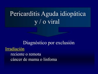 Pericarditis Aguda idiopática
           y / o viral


         Diagnóstico por exclusión
Irradiación
    reciente o remota
    cáncer de mama o linfoma
 