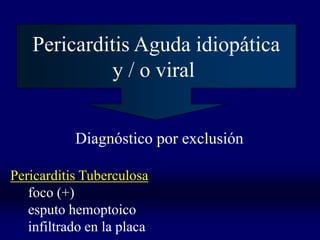 Pericarditis Aguda idiopática
             y / o viral


           Diagnóstico por exclusión

Pericarditis Tuberculosa
   foco (+)
   esputo hemoptoico
   infiltrado en la placa
 