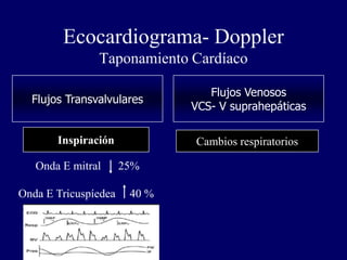 Ecocardiograma- Doppler
               Taponamiento Cardíaco

                                 Flujos Venosos
  Flujos Transvalvulares
                              VCS- V suprahepáticas

       Inspiración            Cambios respiratorios

   Onda E mitral      25%

Onda E Tricuspíedea    40 %
 