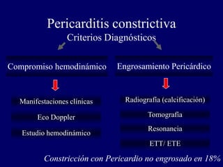 Pericarditis constrictiva
                 Criterios Diagnósticos

Compromiso hemodinámico      Engrosamiento Pericárdico



  Manifestaciones clínicas     Radiografía (calcificación)

       Eco Doppler                    Tomografía
                                      Resonancia
   Estudio hemodinámico
                                       ETT/ ETE

         Constricción con Pericardio no engrosado en 18%
 