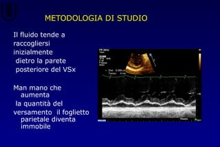 METODOLOGIA DI STUDIOMETODOLOGIA DI STUDIO
Il fluido tende a
raccogliersi
inizialmente
dietro la parete
posteriore del VSx
Man mano che
aumenta
la quantità del
versamento il foglietto
parietale diventa
immobile
 