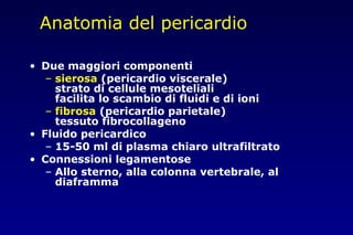 Anatomia del pericardio
• Due maggiori componenti
– sierosa (pericardio viscerale)
strato di cellule mesoteliali
facilita lo scambio di fluidi e di ioni
– fibrosa (pericardio parietale)
tessuto fibrocollageno
• Fluido pericardico
– 15-50 ml di plasma chiaro ultrafiltrato
• Connessioni legamentose
– Allo sterno, alla colonna vertebrale, al
diaframma
 