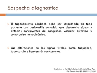 Sospecha diagnostica El taponamiento cardiaco debe ser sospechado en todo paciente con pericarditis conocida que desarrolla signos y síntomas concluyentes de congestión vascular sistémica y compromiso hemodinámico. Las alteraciones en los signos vitales, como taquipnea, taquicardia e hipotensión son comunes. Evaluation of the Elderly Patient  with Acute Chest Pain  Clin Geriatr Med 23 (2007) 327–349 