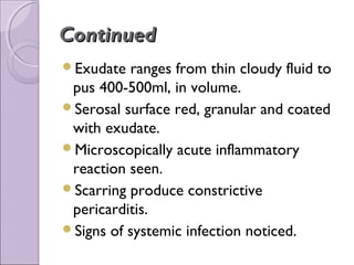 Continued
Exudate  ranges from thin cloudy fluid to
 pus 400-500ml, in volume.
Serosal surface red, granular and coated
 with exudate.
Microscopically acute inflammatory
 reaction seen.
Scarring produce constrictive
 pericarditis.
Signs of systemic infection noticed.
 