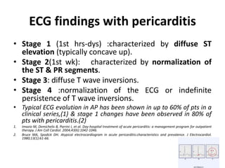 ECG findings with pericarditis
• Stage 1 (1st hrs-dys) :characterized by diffuse ST
elevation (typically concave up).
• Stage 2(1st wk): characterized by normalization of
the ST & PR segments.
• Stage 3: diffuse T wave inversions.
• Stage 4 :normalization of the ECG or indefinite
persistence of T wave inversions.
• Typical ECG evolution in AP has been shown in up to 60% of pts in a
clinical series,(1) & stage 1 changes have been observed in 80% of
pts with pericarditis.(2)
1. Imazio M, Demichelis B, Parrini I, et al. Day-hospital treatment of acute pericarditis: a management program for outpatient
therapy. J Am Coll Cardiol. 2004;43(6):1042-1046.
2. Bruce MA, Spodick DH. Atypical electrocardiogram in acute pericarditis:characteristics and prevalence. J Electrocardiol.
1980;13(1):61-66.
 