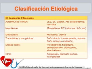 B) Causas No Infecciosas
Autoinmunes (común) LES, Sx. Sjogren, AR, esclerodermia,
vasculitis
Neoplásicas Mesotelioma, MT (pulmonar, linfomas)
Metabólicas Mixedema, uremia
Traumáticas e Iatrogénicas Daño directo (toracocentesis, trauma)
Daño indirecto (radiación)
Drogas (raros) Procainamida, hidralazina,
antineoplásicos, ciclosporina,
streptokinasa.
Otras Amiloidosis, disección aórtica,
HTPulmonar
2015 ESC Guidelines for the diagnosis and management of pericardial diseases
 