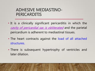 ADHESIVE MEDIASTINO-
PERICARDITIS
• It is a clinically significant pericarditis in which the
cavity of pericardial sac is obliterated and the parietal
pericardium is adherent to mediastinal tissues.
• The heart contracts against the load of all attached
structures.
• There is subsequent hypertrophy of ventricles and
later dilation.
 