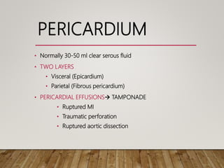 PERICARDIUM
• Normally 30-50 ml clear serous fluid
• TWO LAYERS
• Visceral (Epicardium)
• Parietal (Fibrous pericardium)
• PERICARDIAL EFFUSIONS TAMPONADE
• Ruptured MI
• Traumatic perforation
• Ruptured aortic dissection
 