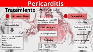 Pericarditis
Tratamiento
No farmacológico
Reposo relativo
Restricción de actividad
física si persiste:
Dolor.
Fiebre.
Marcadores
inflamatorios elevados.
Farmacológico
Anticoagulantes
Indometacina
Colchicina
AAS: 750-1.000 mg c-8h
por 1-2 sem. Post. 250-
500mg
Corticoides
Antibióticos
Ibuprofeno: 600-800
mg C/8H por 1-2 sem
25-50 mg c/8 horas.
0,5-1mg/24h(<70kg)
0,5 mg/12h(>70kg)
por 3 meses.
Prednisona: 0,2-0,5
mg/kg/día
Heparina EV
 