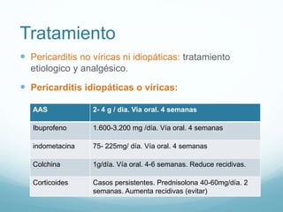 Tratamiento
 Pericarditis no víricas ni idiopáticas: tratamiento
etiologico y analgésico.
 Pericarditis idiopáticas o víricas:
AAS 2- 4 g / dia. Via oral. 4 semanas
Ibuprofeno 1.600-3.200 mg /día. Vía oral. 4 semanas
indometacina 75- 225mg/ día. Vía oral. 4 semanas
Colchina 1g/día. Vía oral. 4-6 semanas. Reduce recidivas.
Corticoides Casos persistentes. Prednisolona 40-60mg/día. 2
semanas. Aumenta recidivas (evitar)
 