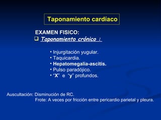 Taponamiento crónico :   Injurgitación yugular. Taquicardia. Hepatomegalia-ascitis. Pulso paradójico. “ X ”  e  “ y ” profundos. EXAMEN FISICO: Taponamiento cardíaco Auscultación: Disminución de RC. Frote: A veces por fricción entre pericardio parietal y pleura. 