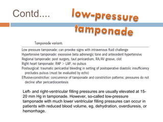 Contd....
Left- and right-ventricular filling pressures are usually elevated at 15-
20 mm Hg in tamponade. However, so-called low-pressure
tamponade with much lower ventricular filling pressures can occur in
patients with reduced blood volume, eg, dehydration, overdiuresis, or
hemorrhage.
 