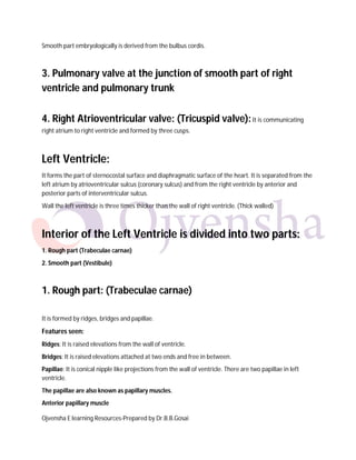 Smooth part embryologically is derived from the bulbus cordis.

3. Pulmonary valve at the junction of smooth part of right
ventricle and pulmonary trunk
4. Right Atrioventricular valve: (Tricuspid valve): It is communicating
right atrium to right ventricle and formed by three cusps.

Left Ventricle:
It forms the part of sternocostal surface and diaphragmatic surface of the heart. It is separated from the
left atrium by atrioventricular sulcus (coronary sulcus) and from the right ventricle by anterior and
posterior parts of interventricular sulcus.
Wall the left ventricle is three times thicker than the wall of right ventricle. (Thick walled)

Interior of the Left Ventricle is divided into two parts:
1. Rough part (Trabeculae carnae)
2. Smooth part (Vestibule)

1. Rough part: (Trabeculae carnae)
It is formed by ridges, bridges and papillae.

Features seen:
Ridges: It is raised elevations from the wall of ventricle.
Bridges: It is raised elevations attached at two ends and free in between.
Papillae: It is conical nipple like projections from the wall of ventricle. There are two papillae in left
ventricle.
The papillae are also known as papillary muscles.
Anterior papillary muscle
Ojvensha E learning Resources-Prepared by Dr.B.B.Gosai

 