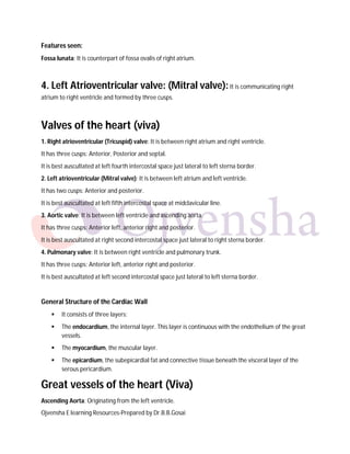 Features seen:
Fossa lunata: It is counterpart of fossa ovalis of right atrium.

4. Left Atrioventricular valve: (Mitral valve): It is communicating right
atrium to right ventricle and formed by three cusps.

Valves of the heart (viva)
1. Right atrioventricular (Tricuspid) valve: It is between right atrium and right ventricle.
It has three cusps: Anterior, Posterior and septal.
It is best auscultated at left fourth intercostal space just lateral to left sterna border.
2. Left atrioventricular (Mitral valve): It is between left atrium and left ventricle.
It has two cusps: Anterior and posterior.
It is best auscultated at left fifth intercostal space at midclavicular line.
3. Aortic valve: It is between left ventricle and ascending aorta.
It has three cusps: Anterior left, anterior right and posterior.
It is best auscultated at right second intercostal space just lateral to right sterna border.
4. Pulmonary valve: It is between right ventricle and pulmonary trunk.
It has three cusps: Anterior left, anterior right and posterior.
It is best auscultated at left second intercostal space just lateral to left sterna border.

General Structure of the Cardiac Wall


It consists of three layers:



The endocardium, the internal layer. This layer is continuous with the endothelium of the great
vessels.



The myocardium, the muscular layer.



The epicardium, the subepicardial fat and connective tissue beneath the visceral layer of the
serous pericardium.

Great vessels of the heart (Viva)
Ascending Aorta: Originating from the left ventricle.
Ojvensha E learning Resources-Prepared by Dr.B.B.Gosai

 