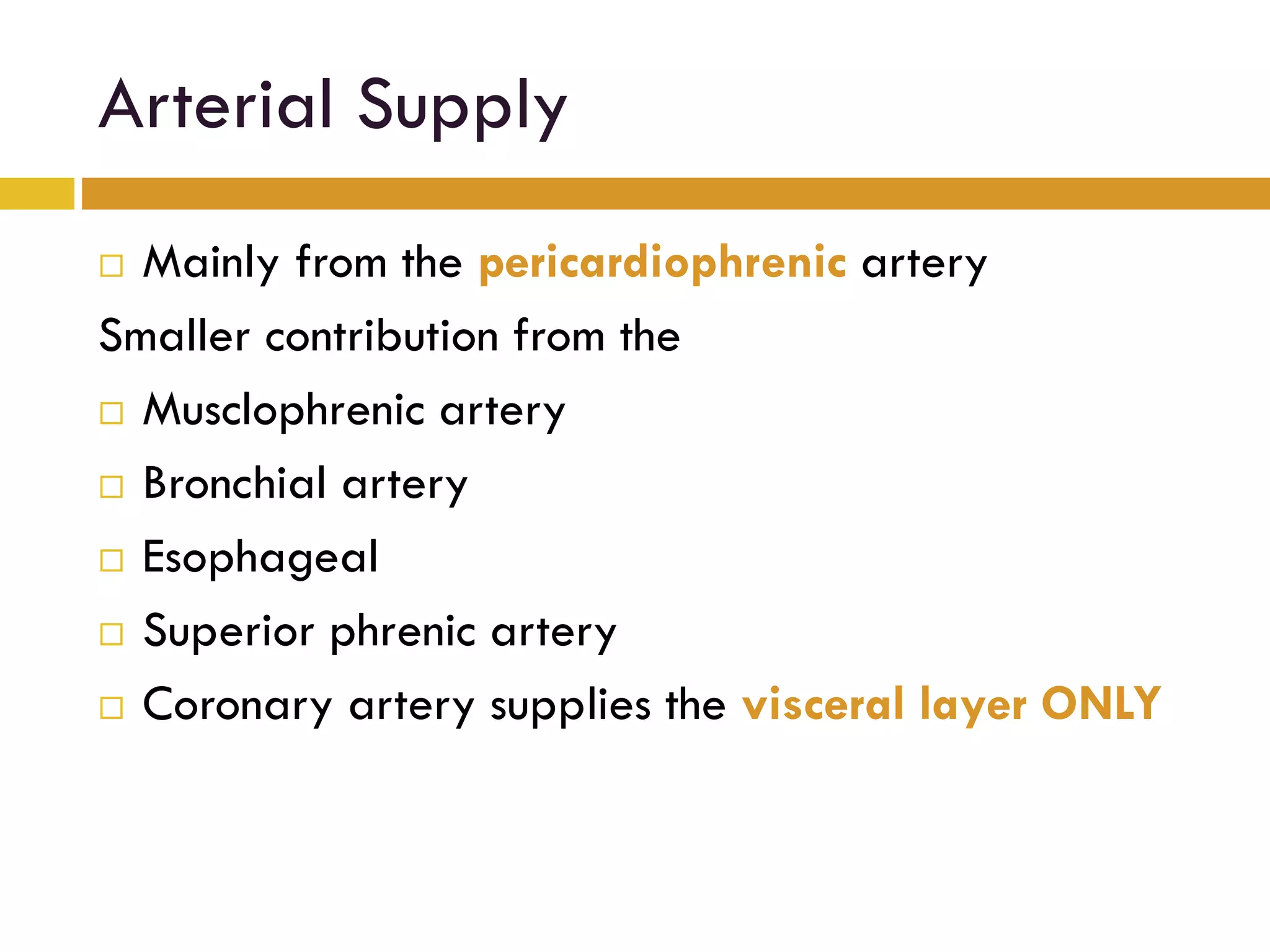 Arterial Supply
Mainly from the pericardiophrenic artery
Smaller contribution from the
Musclophrenic artery
Bronchial artery
Esophageal
Superior phrenic artery
Coronary artery supplies the visceral layer ONLY