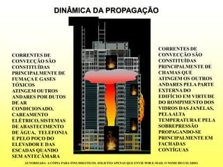 DINÂMICA DA PROPAGAÇÃOCORRENTES DE CONVECÇÃO SÃO CONSTITUÍDAS PRINCIPALMENTE DE FUMAÇA E GASES TÓXICOS ATINGEM OUTROS ANDARES POR DUTOS DE AR CONDICIONADO, CABEAMENTO ELÉTRICO, SISTEMAS DE ABASTECIMENTO DE ÁGUA, TELEFONIAE PELO POÇO DO ELEVADOR E DAS ESCADAS QUANDO SEM ANTECÂMARAINTERNACORRENTES DE CONVECÇÃO SÃO CONSTITUÍDAS PRINCIPALMENTE DECHAMAS QUE ATINGEM OS OUTROS ANDARES PELA PARTE EXTERNA DO EDIFÍCIO EM VIRTUDE DO ROMPIMENTO DOS VIDROS DAS JANELAS, PELA ALTA TEMPERATURA E PELA SOBREPRESSÃO PROPAGANDO-SE PRINCIPALMENTE EM FACHADAS CONTÍGUAS 
EXTERNA 
AUTORIZADA A CÓPIA PARA FINS DIDÁTICOS. SOLICITO APENAS QUE ENVIE POR E-MAIL O NOME DO USUÁRIO.  
