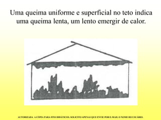Uma queima uniforme e superficial no teto indica uma queima lenta, um lento emergir de calor. 
AUTORIZADA A CÓPIA PARA FINS DIDÁTICOS. SOLICITO APENAS QUE ENVIE POR E-MAIL O NOME DO USUÁRIO.  