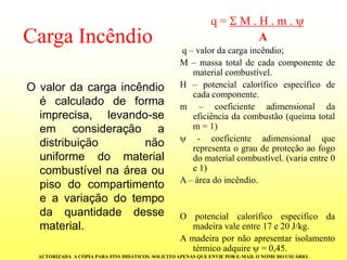 Carga Incêndio 
Ovalordacargaincêndioécalculadodeformaimprecisa,levando-seemconsideraçãoadistribuiçãonãouniformedomaterialcombustívelnaáreaoupisodocompartimentoeavariaçãodotempodaquantidadedessematerial. q = M . H . m . Aq–valordacargaincêndio; M–massatotaldecadacomponentedematerialcombustível. H–potencialcaloríficoespecíficodecadacomponente. m–coeficienteadimensionaldaeficiênciadacombustão(queimatotalm=1) -coeficienteadimensionalquerepresentaograudeproteçãoaofogodomaterialcombustível.(variaentre0e1) A–áreadoincêndio. Opotencialcaloríficoespecificodamadeiravaleentre17e20J/kg. Amadeirapornãoapresentarisolamentotérmicoadquire=0,45. 
AUTORIZADA A CÓPIA PARA FINS DIDÁTICOS. SOLICITO APENAS QUE ENVIE POR E-MAIL O NOME DO USUÁRIO.  