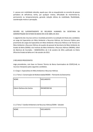 II - pessoa com mobilidade reduzida, aquela que, não se enquadrando no conceito de pessoa
portadora de deficiência, tenha, por qualquer motivo, dificuldade de movimentar-se,
permanente ou temporariamente, gerando redução efetiva da mobilidade, flexibilidade,
coordenação motora e percepção.




DECISÃO DO SUPERINTENDENTE DE RECURSOS HUMANOS                        DA    SECRETARIA     DA
ADMINISTRAÇÃO DO ESTADO DA BAHIA EM 23 DE ABRIL DE 2013

1 Julgamento dos recursos contra o resultado provisório na avaliação de títulos dos candidatos
ao cargo de Especialista em Meio Ambiente e Recursos Hídricos, do Concurso Público para
provimento de cargos de Especialista em Meio Ambiente e Recursos Hídricos e de Técnico em
Meio Ambiente e Recursos Hídricos do quadro de pessoal da Secretaria do Meio Ambiente do
Estado da Bahia (SEMA) e do Instituto do Meio Ambiente e Recursos Hídricos (INEMA), Edital
de Abertura de Inscrições – SAEB/03/2012, de 2 de outubro de 2012, publicado no Diário
Oficial do Estado da Bahia em 3 de outubro de 2012.



2 RECURSOS PROCEDENTES

Julgo procedentes, com base no Parecer Técnico da Banca Examinadora do CESPE/UnB, os
recursos interpostos pelos seguintes candidatos.

2.1 Cargo 1: Especialista em Meio Ambiente e Recursos Hídricos

2.1.1 Tema 2: Conservação de Biodiversidade/INEMA – Piemoente da Diamantina

NOME                                  DOCUMENTO




Edemir Barbosa dos Santos             0945805969 BA




2.1.2 Tema 7: Gestão Ambiental e de Recursos Hídricos/SEMA - Salvador

NOME                                  DOCUMENTO
 