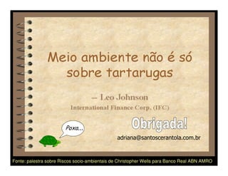 Meio ambiente não é só
               sobre tartarugas
                                  -- Leo Johnson
                        International Finance Corp. (IFC)
                          Poxa...
                                                    adriana@santoscerantola.com.br


Fonte: palestra sobre Riscos socio-ambientais de Christopher Wells para Banco Real ABN AMRO
                          Adriana Ponce Coelho Cerântola, Adv. M.Sc.    adriana@santoscerantola.com.br
 