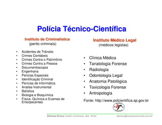 Polícia Técnico-Científica
     Instituto de Criminalística                         Instituto Médico Legal
        (perito criminais)                                      (médicos legistas)
•   Acidentes de Trânsito
•   Crimes Contábeis
•   Crimes Contra o Patrimônio                   •    Clínica Médica
•   Crimes Contra a Pessoa                       •    Tanatologia Forense
•   Documentoscopia
•   Engenharia                                   •    Radiologia
•   Perícias Especiais                           •    Odontologia Legal
•   Identificação Criminal
•   Perícias de Informática                      •    Anatomia Patológica
•   Análise Instrumental                         •    Toxicologia Forense
•   Balística
•   Biologia e Bioquímica
                                                 •    Antropologia
•   Física, Química e Exames de
    Entorpecentes                                Fonte: http://www.polcientifica.sp.gov.br



                   Adriana Ponce Coelho Cerântola, Adv. M.Sc.             adriana@santoscerantola.com.br
 